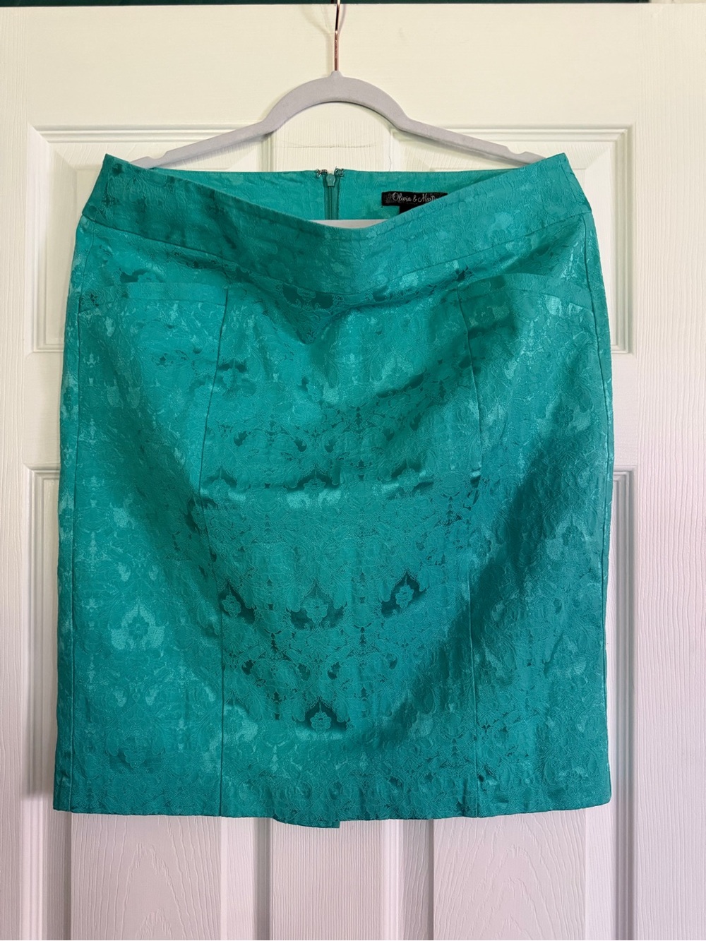 Elegant Teal Jacquard Pencil Skirt - Classic Tailored Fit